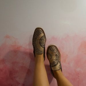 Free People: Gold & Velvet Blue Snake Loafers
